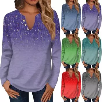 Женская модная повседневная футболка с V-образным вырезом и длинным рукавом, с принтом, с декоративными пуговицами XL циан
