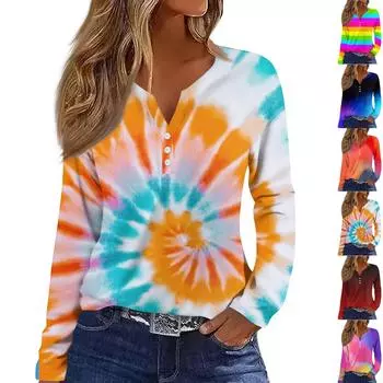 Женская модная повседневная футболка с v-образным вырезом и длинным рукавом с принтом на пуговицах, топы L чёрный