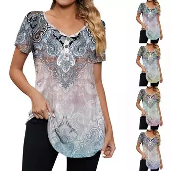 Женская модная повседневная футболка с v-образным вырезом и цветочным принтом на пуговицах и коротким рукавом, топ L