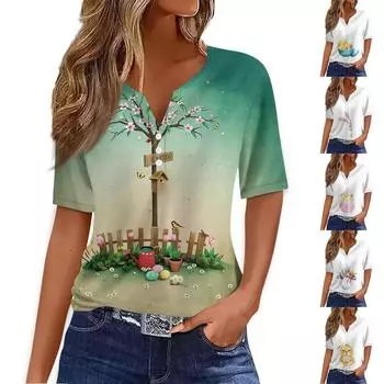 Женская модная повседневная футболка с v-образным вырезом и короткими рукавами с пасхальным принтом и декоративными пуговицами, топ XXXL зелёный