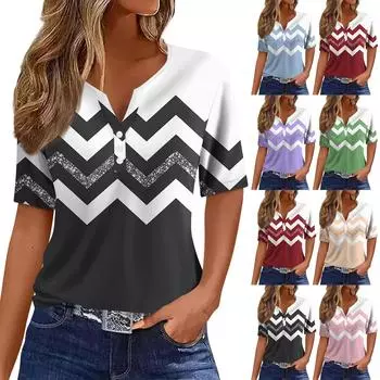 Женская модная повседневная футболка с v-образным вырезом и коротким рукавом в полоску с принтом и пуговицами, топ на пуговицах XXL