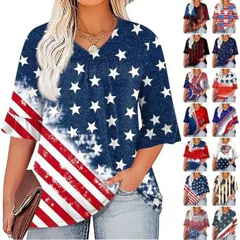 Женская модная повседневная футболка с v-образным вырезом и принтом на День независимости с семью рукавами и рюшами XXL чёрный