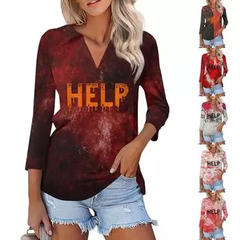 Женская модная повседневная футболка с V-образным вырезом и рукавом 3/4 на Хэллоуин с кровавым принтом XXXL
