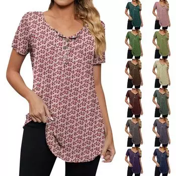 Женская модная повседневная футболка с v-образным вырезом и цветочным принтом на пуговицах и коротким рукавом, топ L