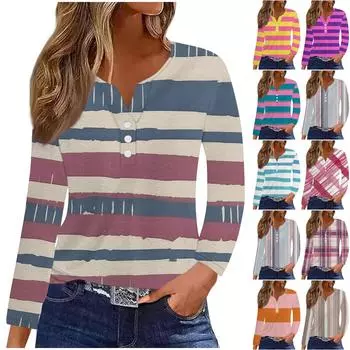 Женская модная повседневная футболка с v-образным вырезом и длинным рукавом в полоску с принтом, топ L серебряный