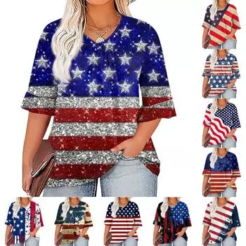 Женская модная повседневная футболка с v-образным вырезом и принтом на День независимости с семью рукавами и рюшами XXL синий