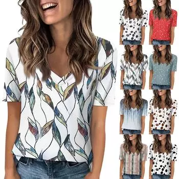 Женская модная повседневная футболка с v-образным вырезом и коротким рукавом в полоску с принтом, свободный топ M серый