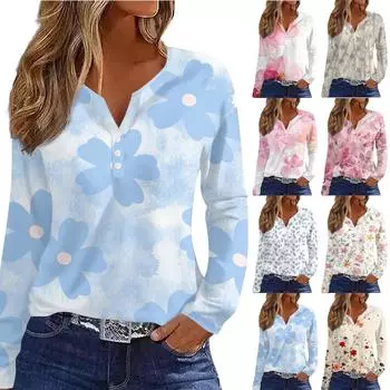 Женская модная повседневная футболка с v-образным вырезом и длинным рукавом с принтом, топ на пуговицах XXXL