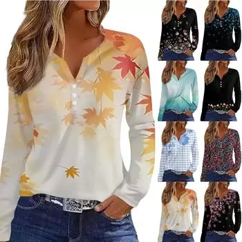 Женская модная повседневная футболка с v-образным вырезом и длинным рукавом с принтом, топ на пуговицах M чёрный