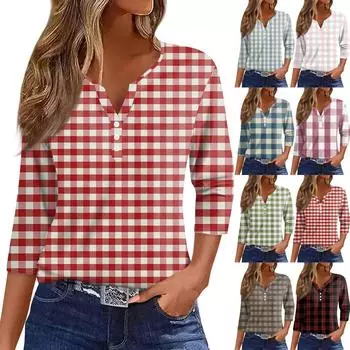 Женская модная повседневная футболка с v-образным вырезом и семью рукавами, топ на пуговицах с градиентным принтом L