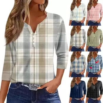 Женская модная повседневная футболка с v-образным вырезом и семью рукавами, топ на пуговицах с градиентным принтом L чёрный