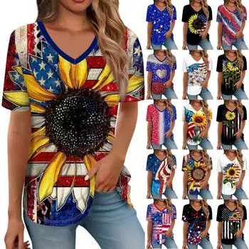 Женская модная повседневная футболка с v-образным вырезом и короткими рукавами с принтом, верхние футболки L чёрный