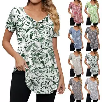 Женская модная повседневная футболка с v-образным вырезом и цветочным принтом на пуговицах и коротким рукавом, топ L синий