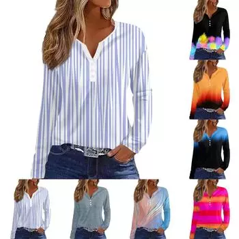 Женская модная повседневная футболка с v-образным вырезом и длинным рукавом с принтом, топ на пуговицах S