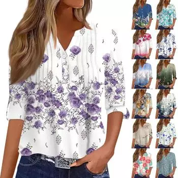 Женская модная повседневная футболка с v-образным вырезом и длинным рукавом с принтом, топ на пуговицах XL