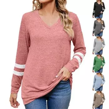 Женская модная повседневная футболка с V-образным вырезом, свободный топ с длинным рукавом Collision Color Splicing L чёрный