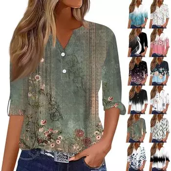 Женская модная повседневная футболка с v-образным вырезом и длинным рукавом с принтом, топ на пуговицах XL фиолетовый