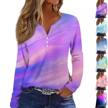 Женская модная повседневная футболка с v-образным вырезом и длинным рукавом с принтом на пуговицах, топы XXL розовый