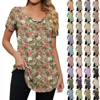 Женская модная повседневная футболка с v-образным вырезом и цветочным принтом на пуговицах и коротким рукавом, топ L верблюд