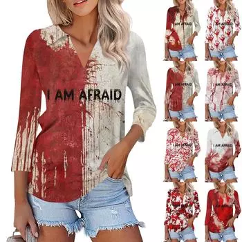 Женская модная повседневная футболка с V-образным вырезом и рукавом 3/4 на Хэллоуин с кровавым принтом S чёрный