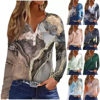 Женская модная повседневная футболка с v-образным вырезом и градиентным принтом, с длинными рукавами и декоративными пуговицами, топ S шафрановый