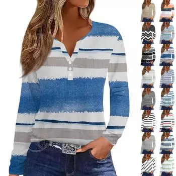 Женская модная повседневная футболка с v-образным вырезом и длинным рукавом с принтом, топ на пуговицах L