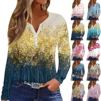 Женская модная повседневная футболка с v-образным вырезом и длинным рукавом с декоративными пуговицами, топ XXXL фиолетовый