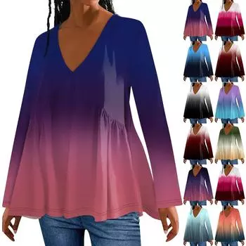 Женская модная повседневная футболка с V-образным вырезом и длинным рукавом с градиентным принтом, свободный топ S синий
