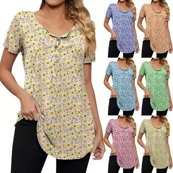 Женская модная повседневная футболка с v-образным вырезом и цветочным принтом на пуговицах и коротким рукавом, топ L зелёный