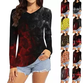 Женская модная повседневная футболка с v-образным вырезом и длинным рукавом с принтом на Хэллоуин, топ M