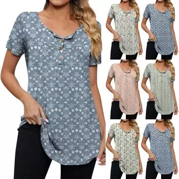 Женская модная повседневная футболка с v-образным вырезом и цветочным принтом на пуговицах и коротким рукавом, топ L синий