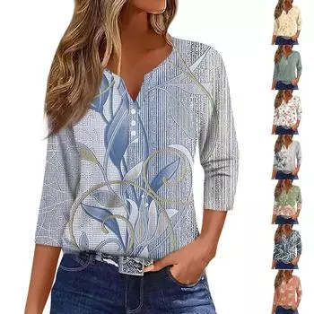 Женская модная повседневная футболка с v-образным вырезом и семью рукавами с цветочным принтом и пуговицами, топ на пуговицах L