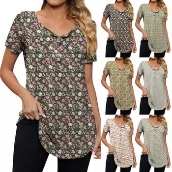 Женская модная повседневная футболка с v-образным вырезом и цветочным принтом на пуговицах и коротким рукавом, топ L зелёный