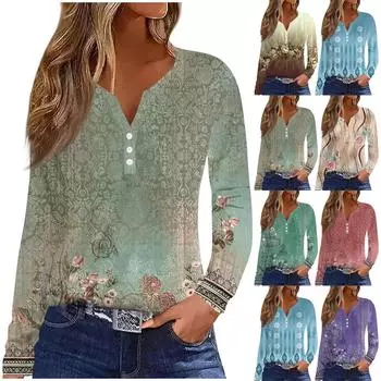 Женская модная повседневная футболка с v-образным вырезом и цветочным принтом, длинный рукав, декоративная пуговица, топ XXL зелёный