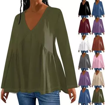 Женская модная повседневная футболка с V-образным вырезом и длинным рукавом, однотонная свободная футболка L фиолетовый