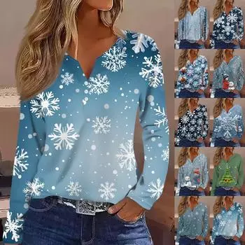 Женская модная повседневная футболка с V-образным вырезом и длинным рукавом с рождественским принтом L