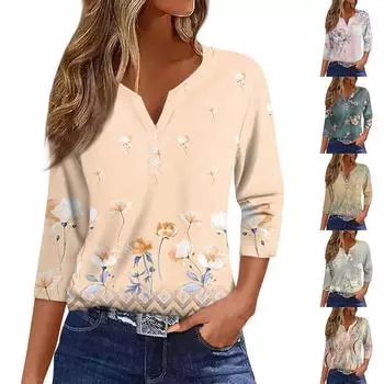 Женская модная повседневная футболка с v-образным вырезом и семью рукавами с цветочным принтом и пуговицами, топ на пуговицах L бежевый