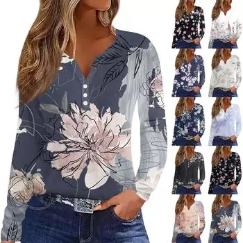 Женская модная повседневная футболка с v-образным вырезом и длинным рукавом с принтом, топ на пуговицах M