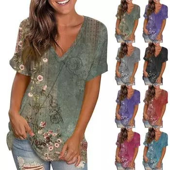Женская модная повседневная футболка с V-образным вырезом и винтажным цветочным принтом, короткий рукав L красный