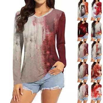 Женская модная повседневная футболка с v-образным вырезом и длинным рукавом с принтом на Хэллоуин, топ XXL