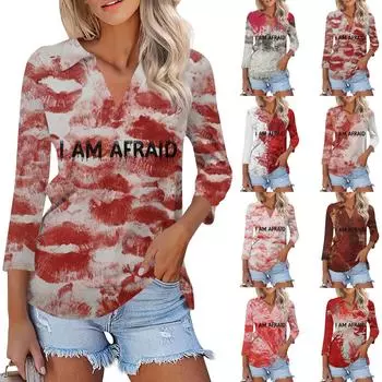 Женская модная повседневная футболка с V-образным вырезом и рукавом 3/4 на Хэллоуин с кровавым принтом L оранжевый