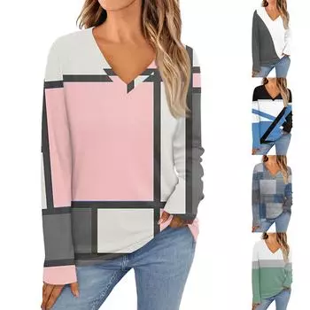 Женская модная повседневная футболка с V-образным вырезом и длинным рукавом с принтом, женская футболка L