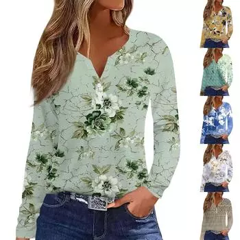 Женская модная повседневная футболка с v-образным вырезом и цветочным принтом, длинный рукав, декоративная пуговица, топ XXXL хаки