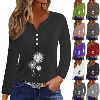 Женская модная повседневная футболка с v-образным вырезом и длинным рукавом с принтом, топ на пуговицах M чёрный