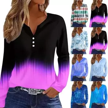 Женская модная повседневная футболка с v-образным вырезом и длинным рукавом с принтом, топ на пуговицах L