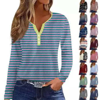 Женская модная повседневная футболка с v-образным вырезом и длинным рукавом с принтом, топ на пуговицах L бежевый