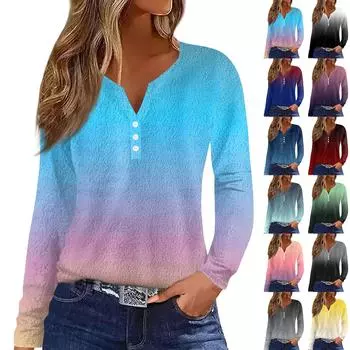 Женская модная повседневная футболка с v-образным вырезом и длинным рукавом с принтом, топ на пуговицах L чёрный