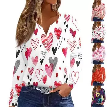 Женская модная повседневная футболка с V-образным вырезом и длинным рукавом на пуговицах с принтом ко Дню святого Валентина XXL