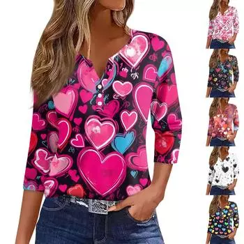 Женская модная повседневная футболка с v-образным вырезом и семью рукавами, топ на пуговицах с градиентным принтом S чёрный