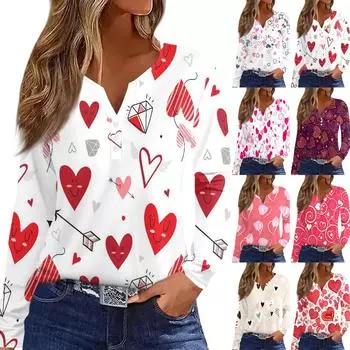Женская модная повседневная футболка с V-образным вырезом и длинным рукавом на пуговицах с принтом ко Дню святого Валентина XXL красный
